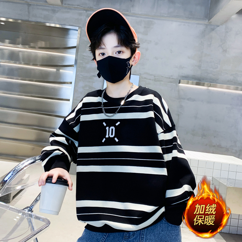 2025新款男童儿童加绒卫衣秋款男孩宝宝衣服爆款条纹炸街痞帅上衣