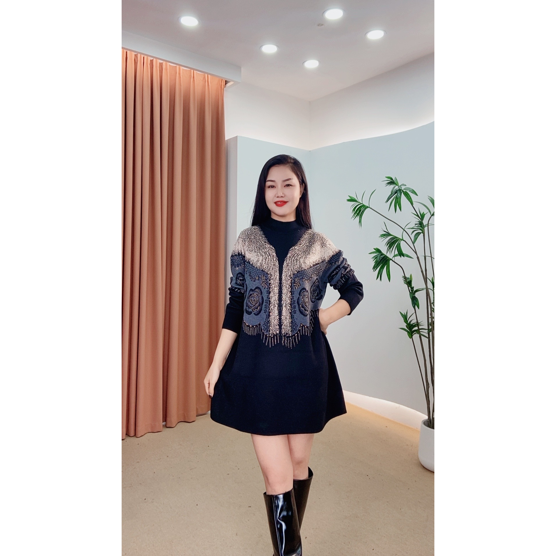 283针织时尚女士网红秋冬提花百搭休闲打底加厚女装连衣裙黑色