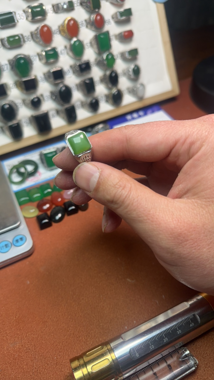 和田玉碧玉小方糖925银时尚戒指