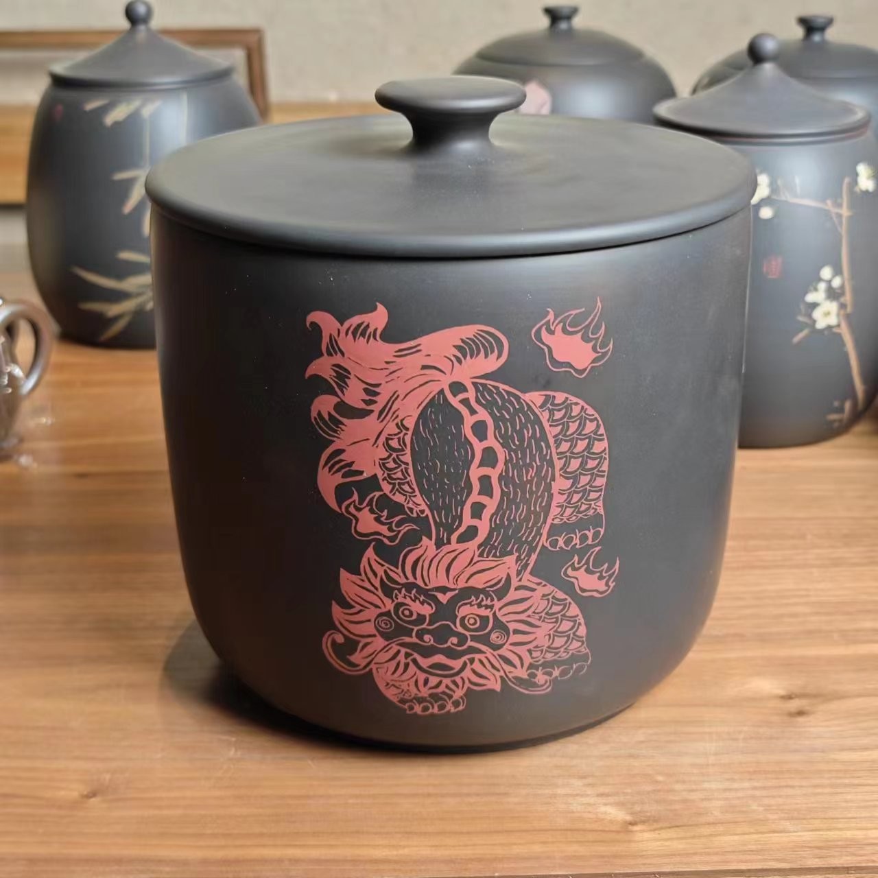 建水紫陶茶叶罐 狮纹罐  1对装