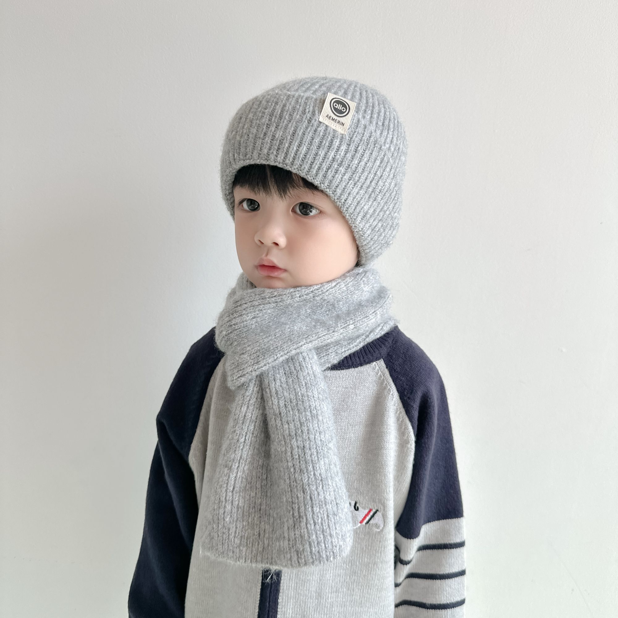 儿童男宝女宝冬季纯色简单百搭针织毛线帽子围巾套装小孩保暖套头