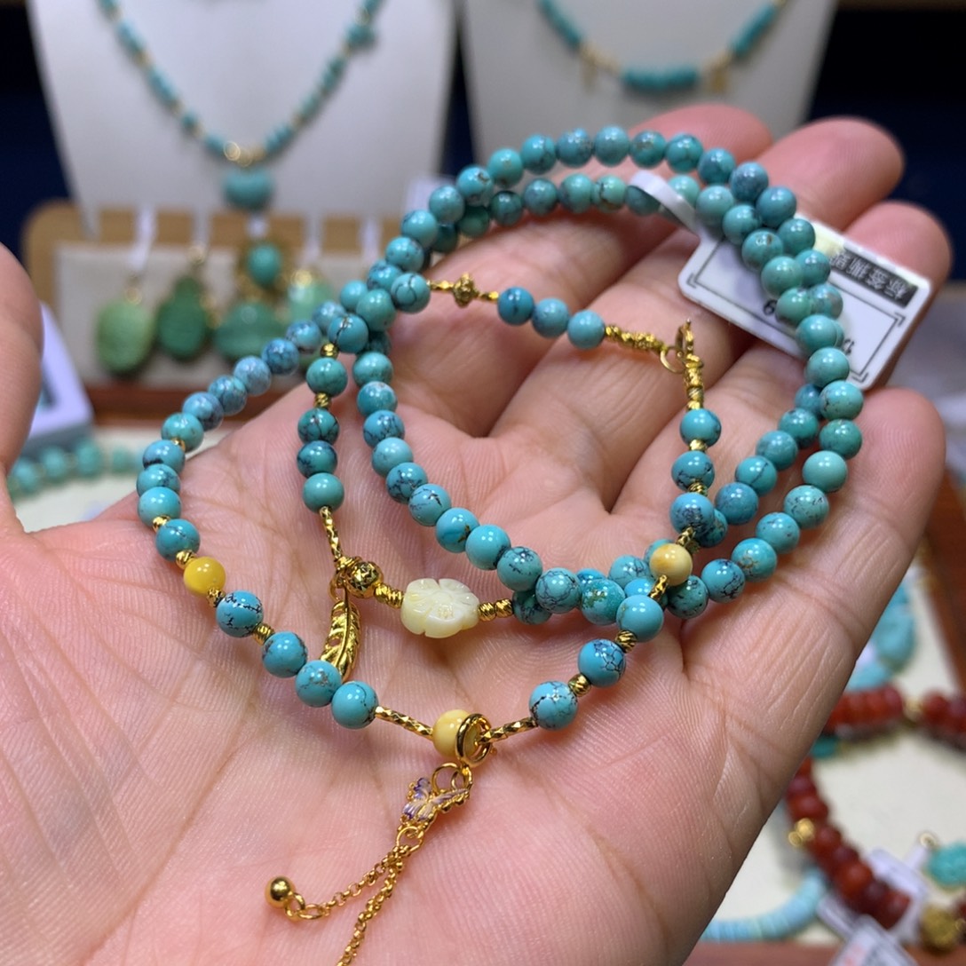 绿松石银S925镀金镶嵌项链