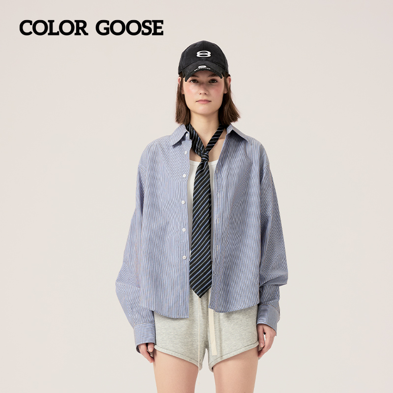 COLOR GOOSE 25秋季男士翻领通勤条纹棉质透气青春休闲长袖衬衫