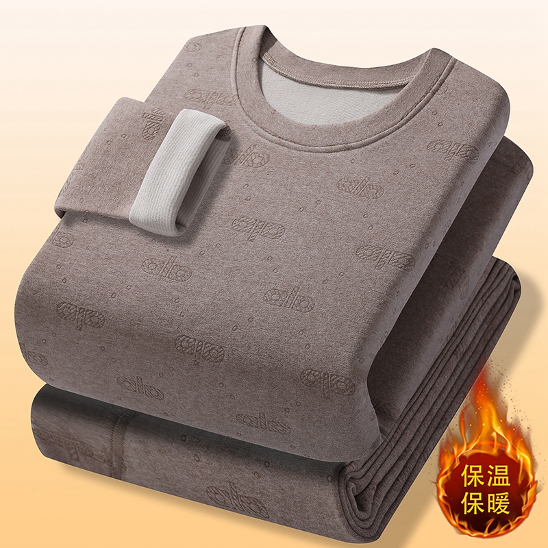 秋冬季男士德绒保暖内衣圆领恒温发热加绒秋衣秋裤套装防寒打底衫