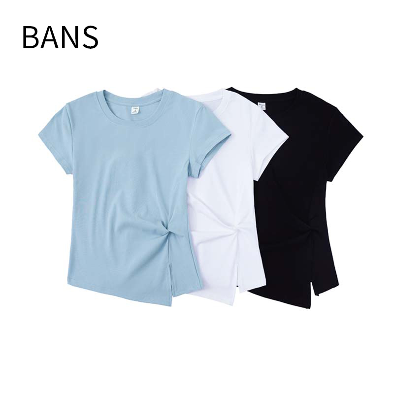 夏季法式减龄圆领正肩短袖T恤修身设计感褶皱不规则气质上衣女