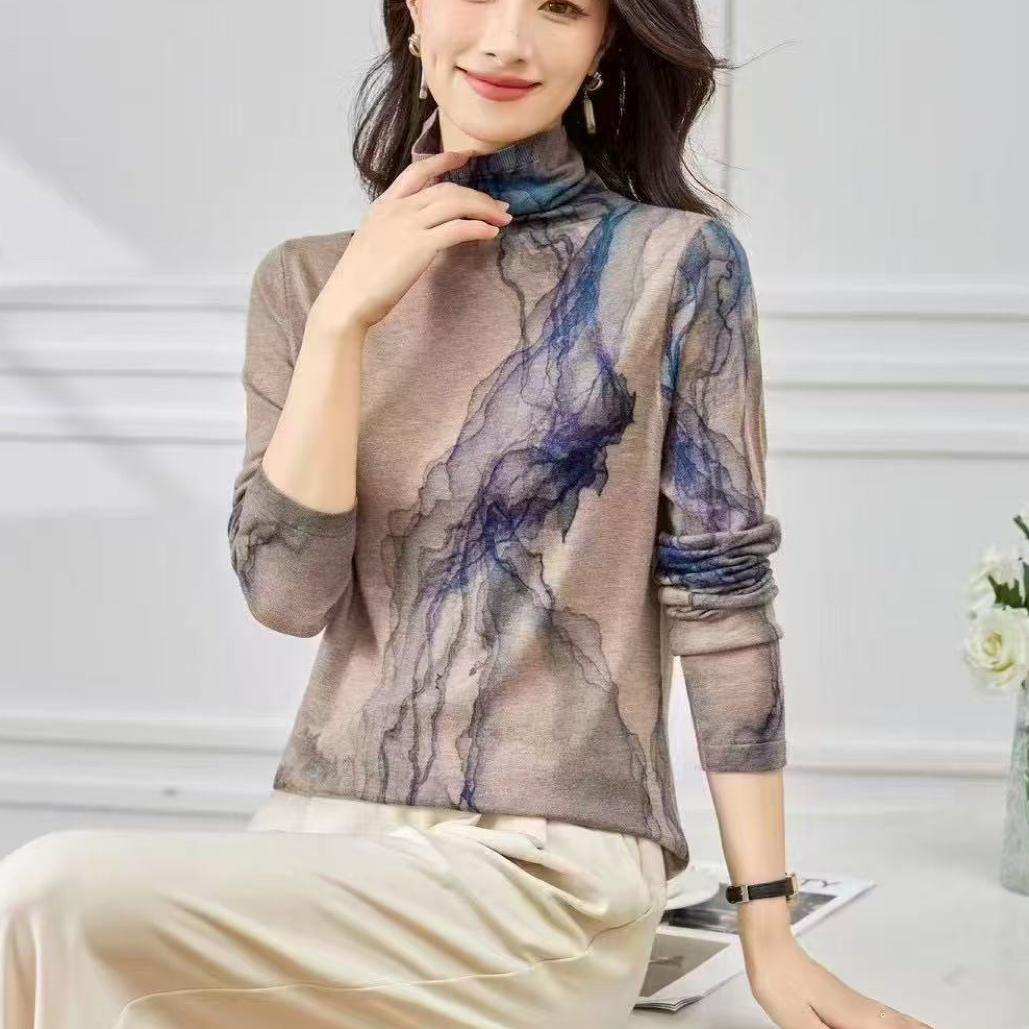 针织堆堆领女春秋季常规印花时尚休闲百搭修身款打底衫