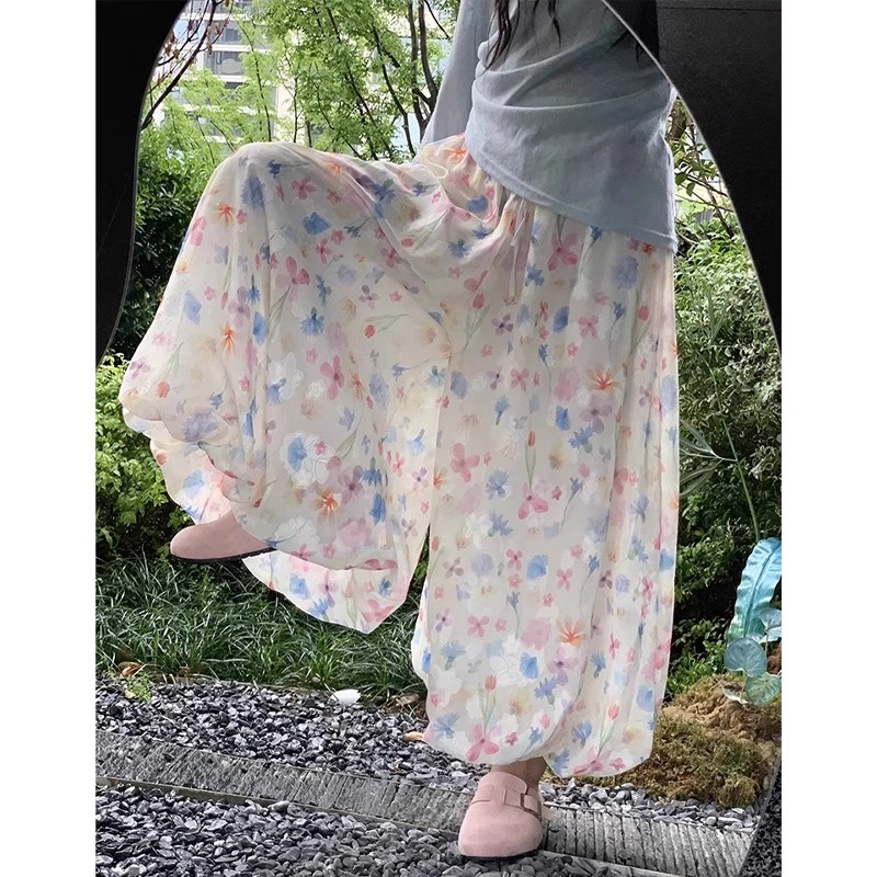 甜美彩色碎花花苞裙裤女2025夏通勤休闲温柔高腰显瘦阔腿蓬蓬裤裙