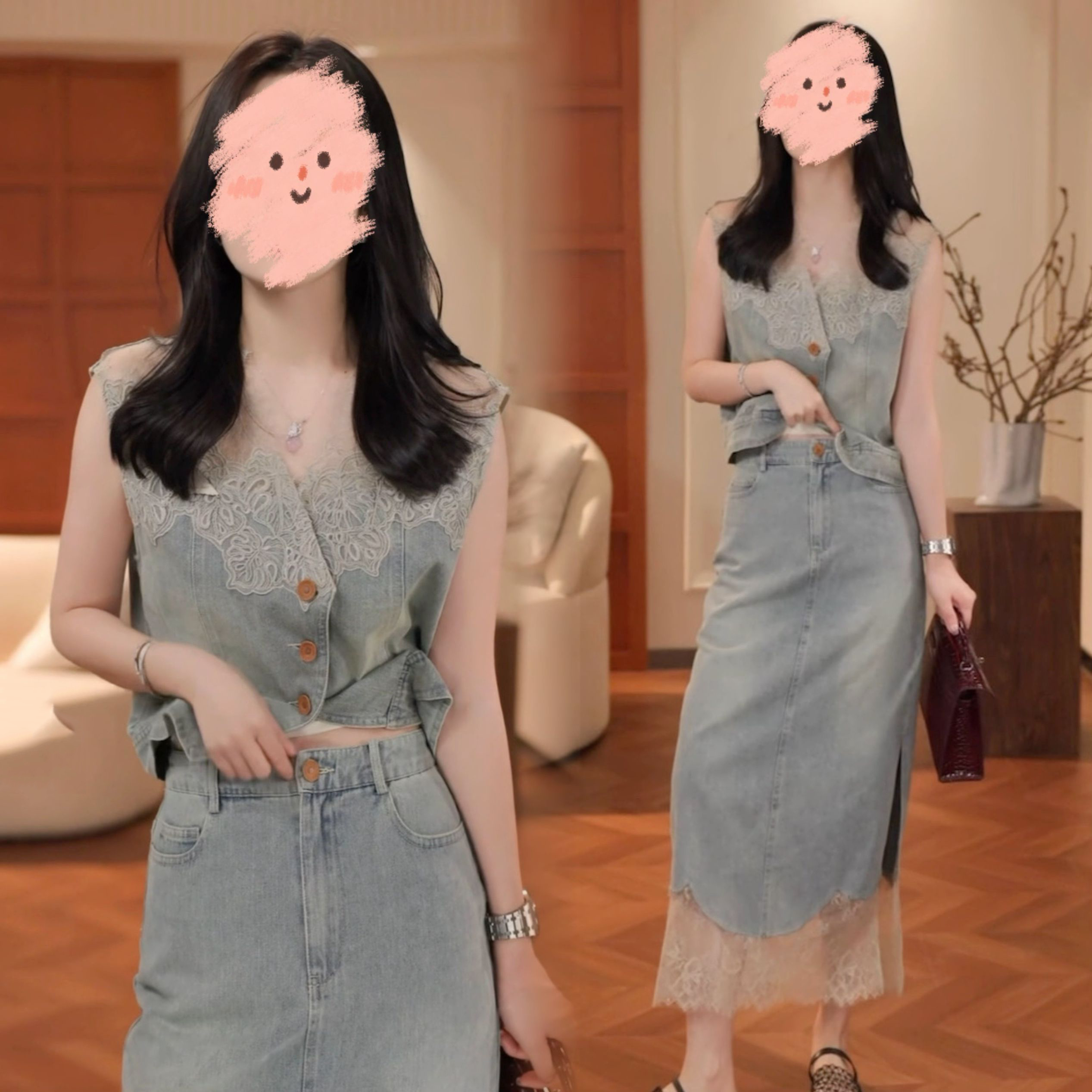 蕾丝拼接牛仔马甲半身裙两件套女欧货2025夏季新款时尚显瘦套装裙