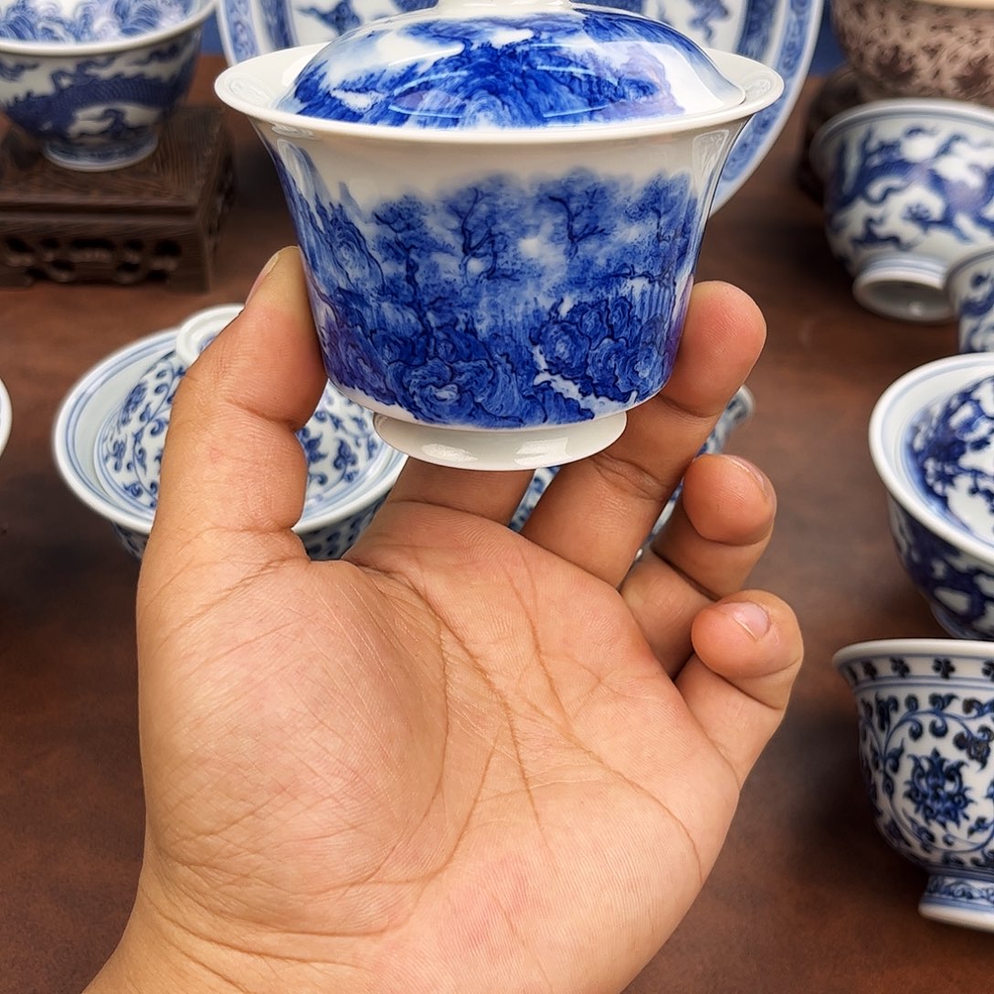 摆件山水盖碗景德镇手绘
