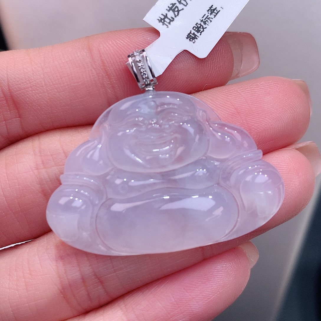 颈饰18K金镶嵌翡翠白冰一刀切佛公新品
