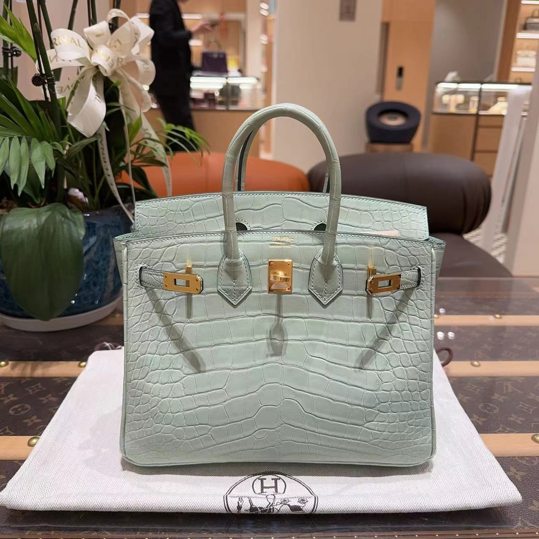 99新 Hermes/爱马仕 birkin 25 6U薄荷绿金扣雾面方框鳄鱼 U刻