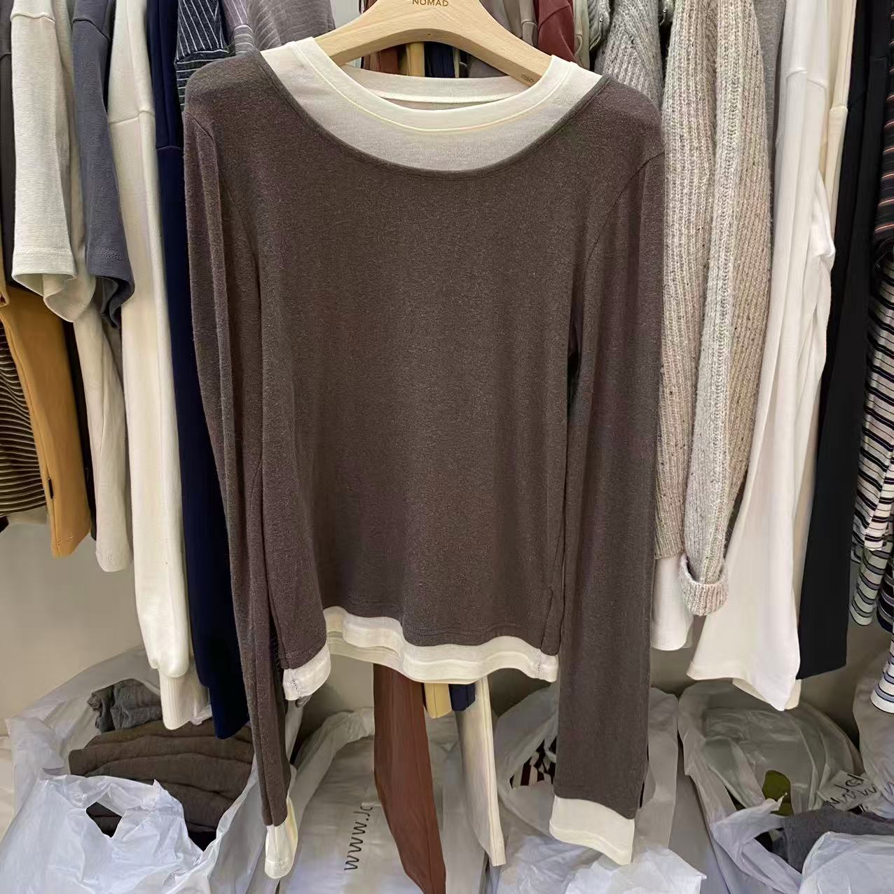 【A2在韩国】东大门女士集合3圆领长袖拼接打底T恤《NO退NO换》