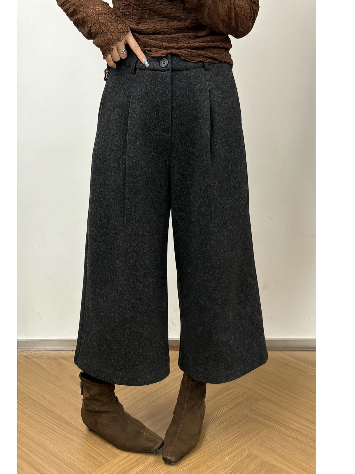 加绒八分裤印染阔腿裤磨毛冬季加厚加绒款休闲裤秋冬女装紧腰短裤