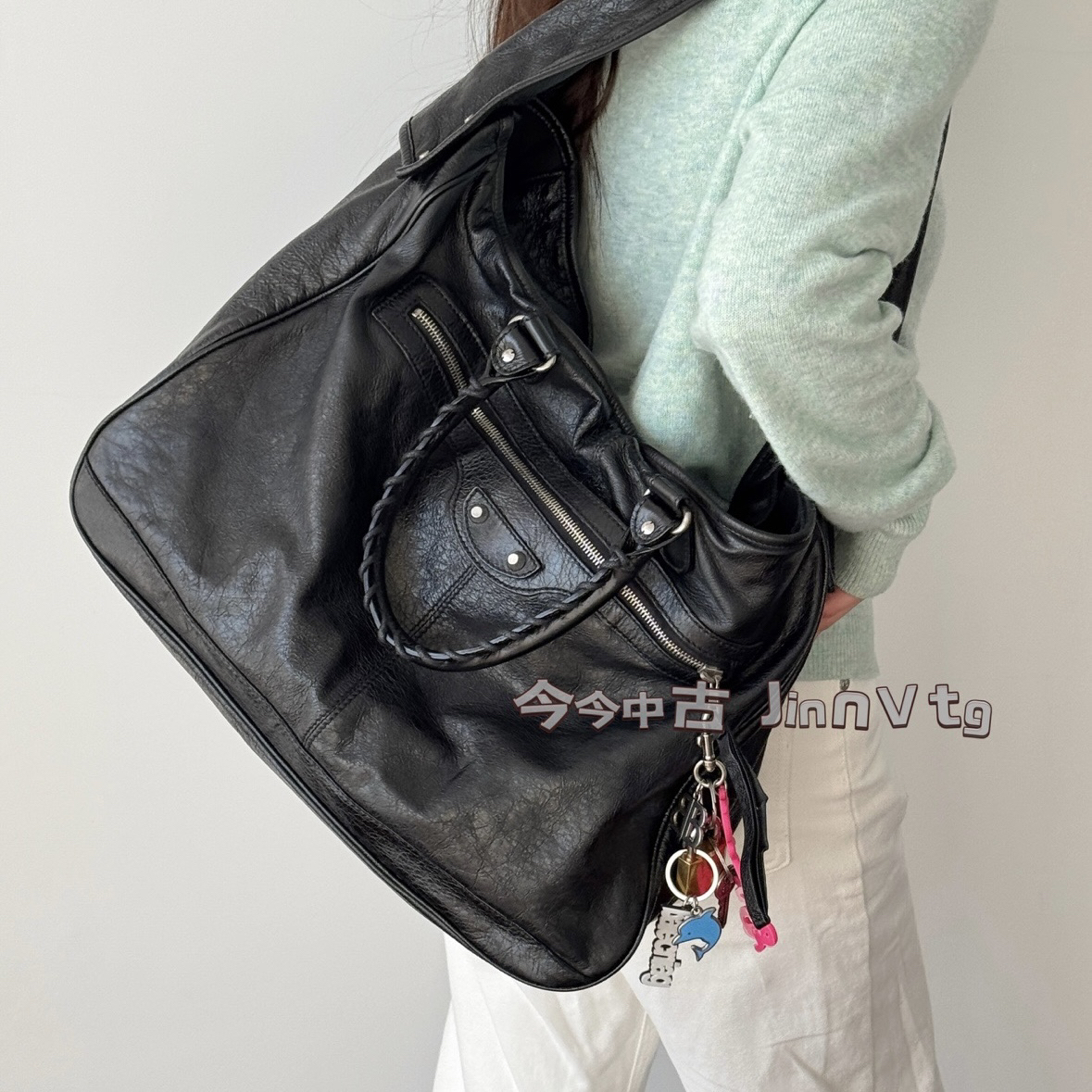 95新 Balenciaga/巴黎世家 限定黑银机场hobo机车单肩包 124293