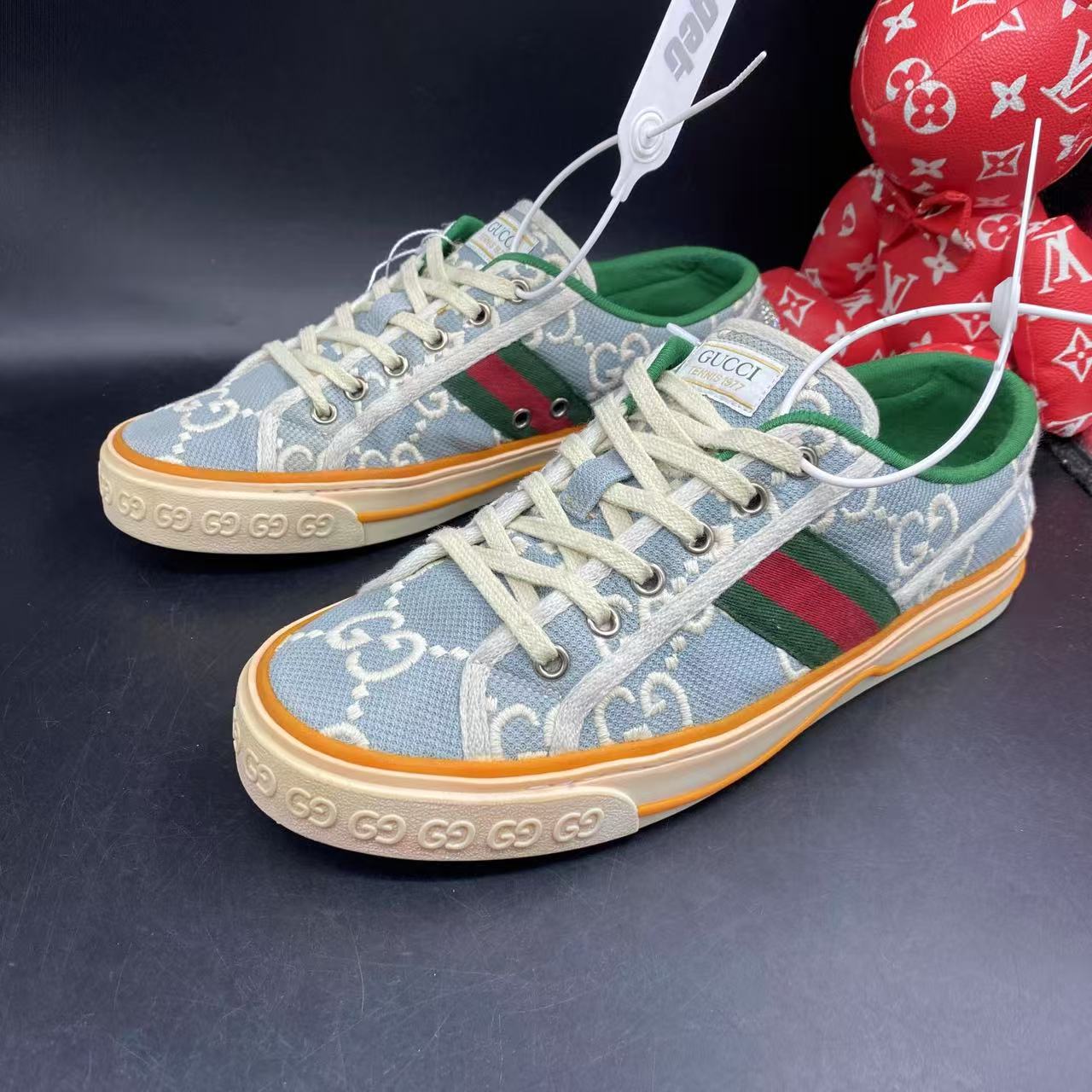 95新 GUCCI/古驰 浅蓝色帆布1977时尚百搭板鞋40欧码ddm1947