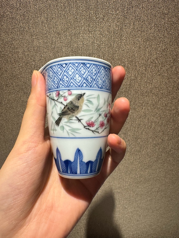 景德镇纯手工手绘青花玲珑花鸟公道130cc