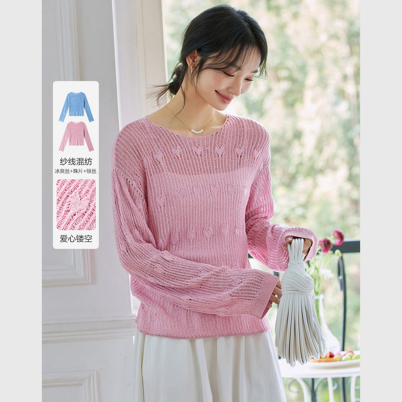 梵希蔓凉爽冰丝防晒t恤女新款爱心镂空小衫设计感上衣73958/75177