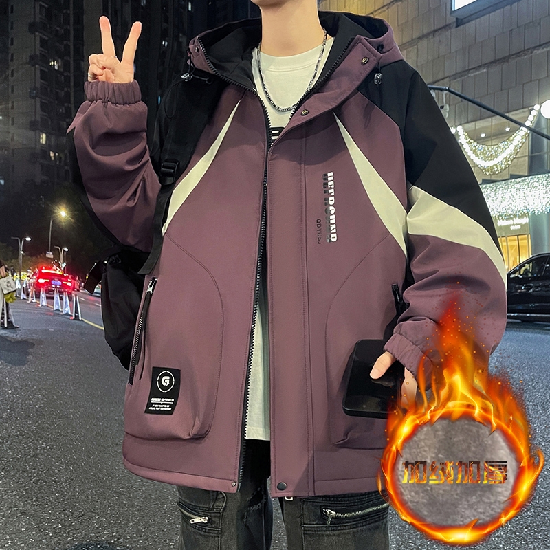 冬季休闲加厚保暖青少年夹克外套潮流百搭撞色学生休闲连帽上衣服