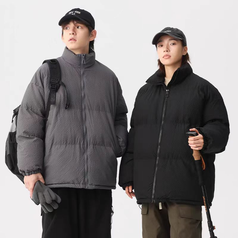 情侣泡泡纱休闲潮流立领保暖棉服女加厚时尚短款面包服纯色棉衣男