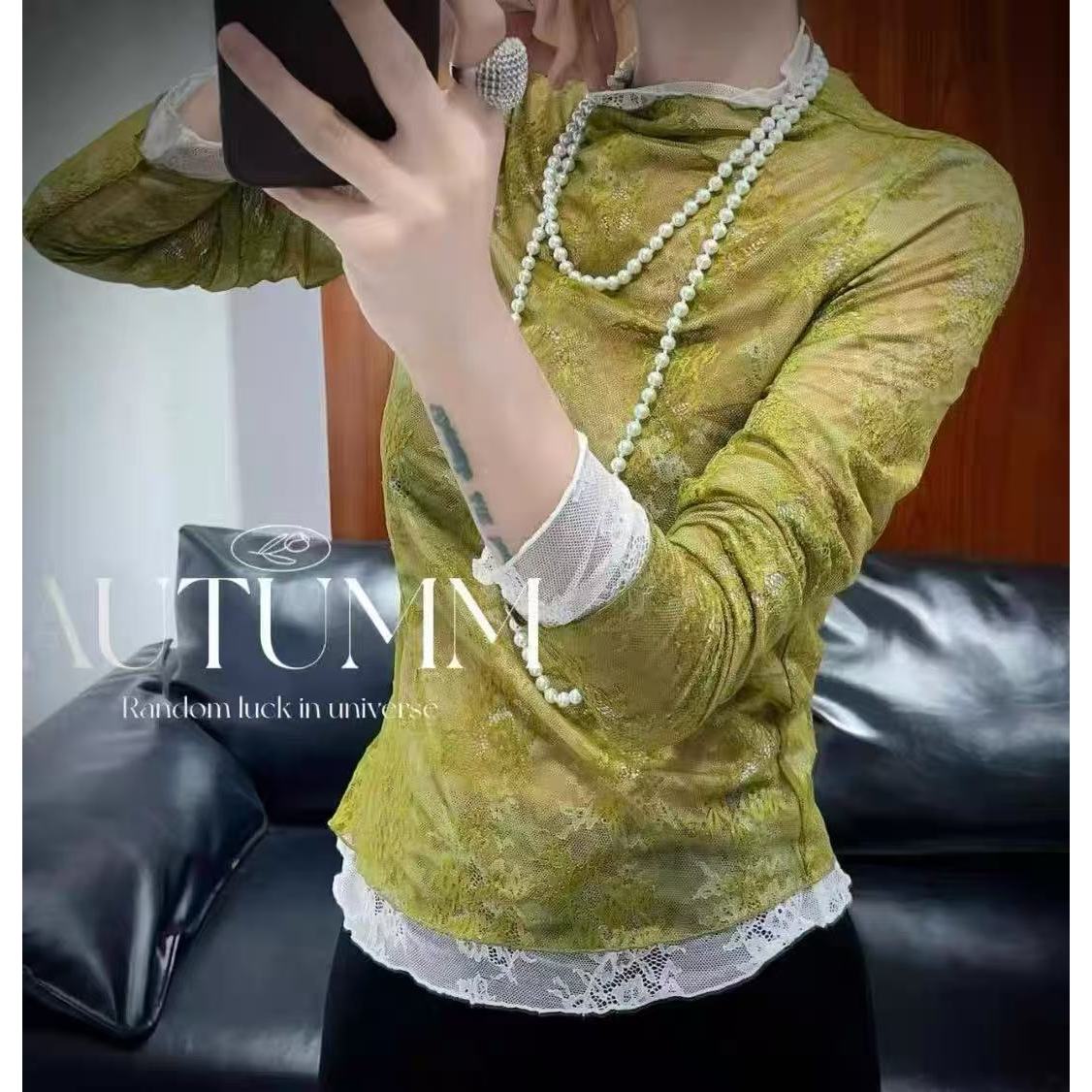 KIKI严选：691-1-零点520家南油欧货秋季蕾丝拼接洋气长袖打底衫