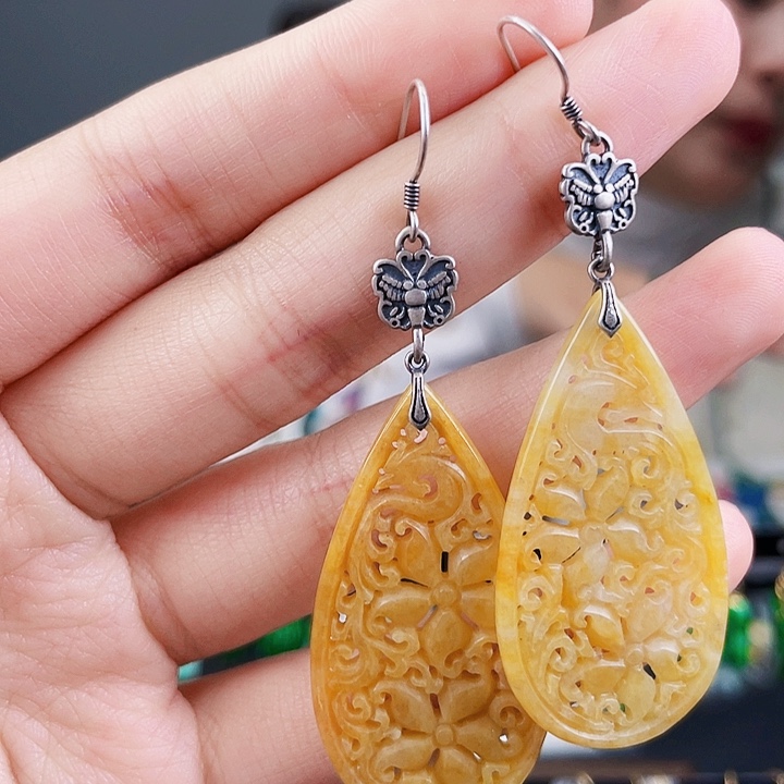 翡翠耳饰银S925镶嵌饰品