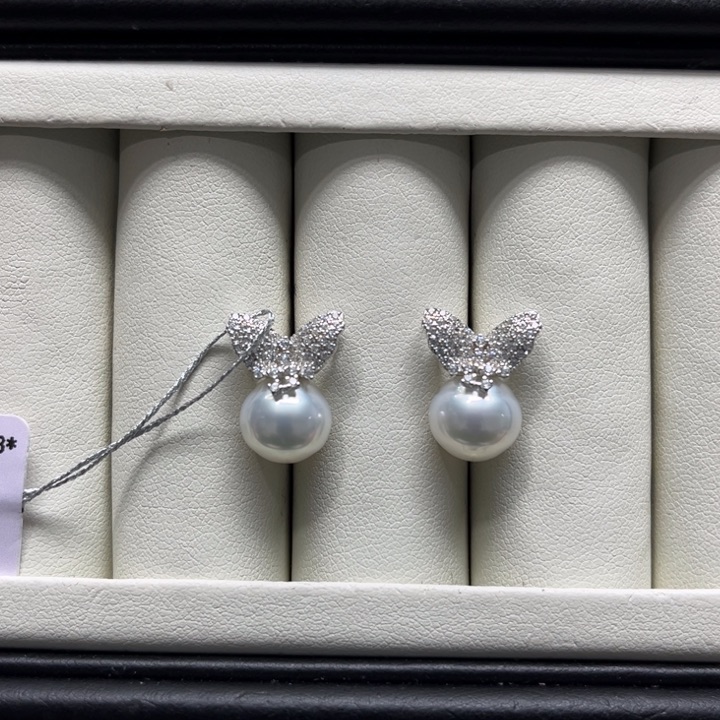 海水珍珠上新澳白蝴蝶耳钉10-11mm银S925镶嵌