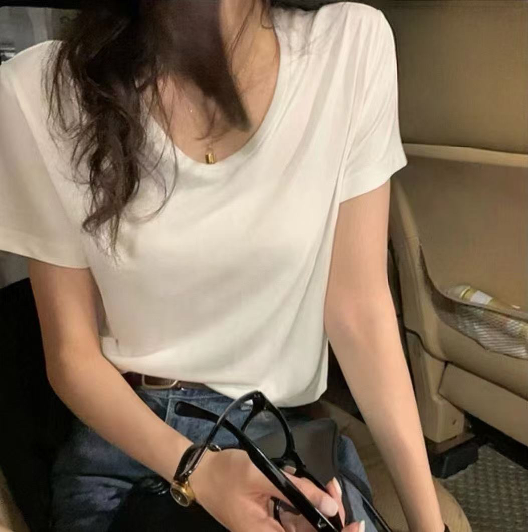 【海岛简爱】短袖透气U领轻熟风白百搭T恤 306