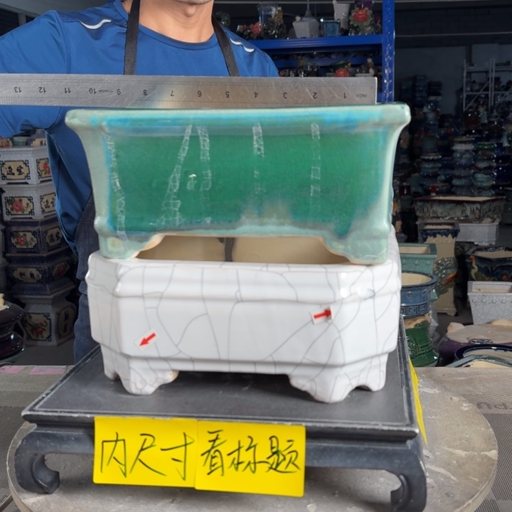 一风堂石湾花盆 内20*9大瑕疵修补痕迹开片