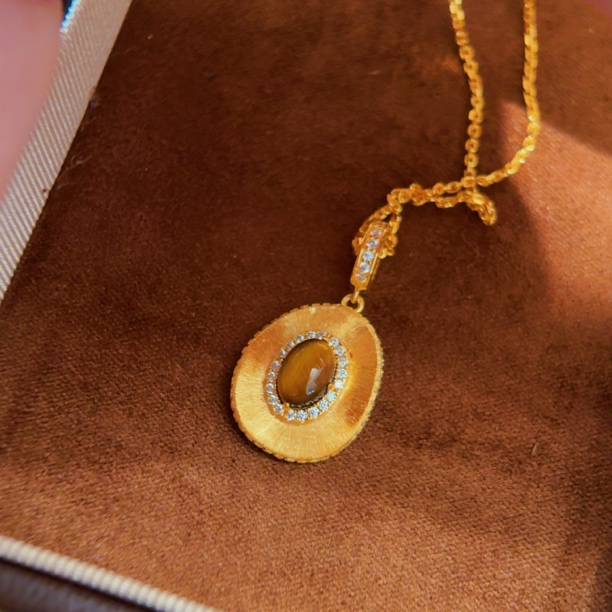 坠链均925银 丝光虎眼·拉丝椭圆牌中镶白钻围镶吊坠 项链 定制