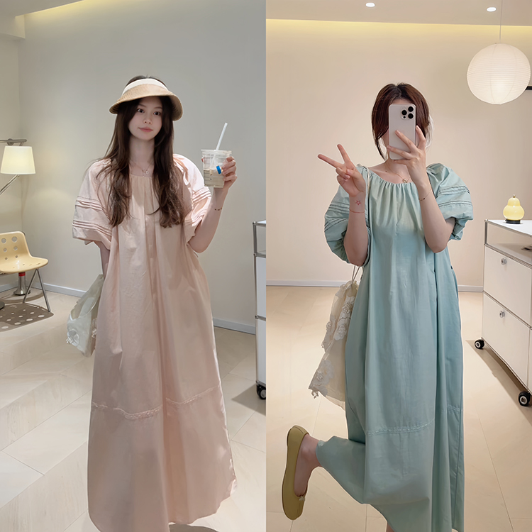 KB29韩系麻料花边A字宽松度假裙连衣裙