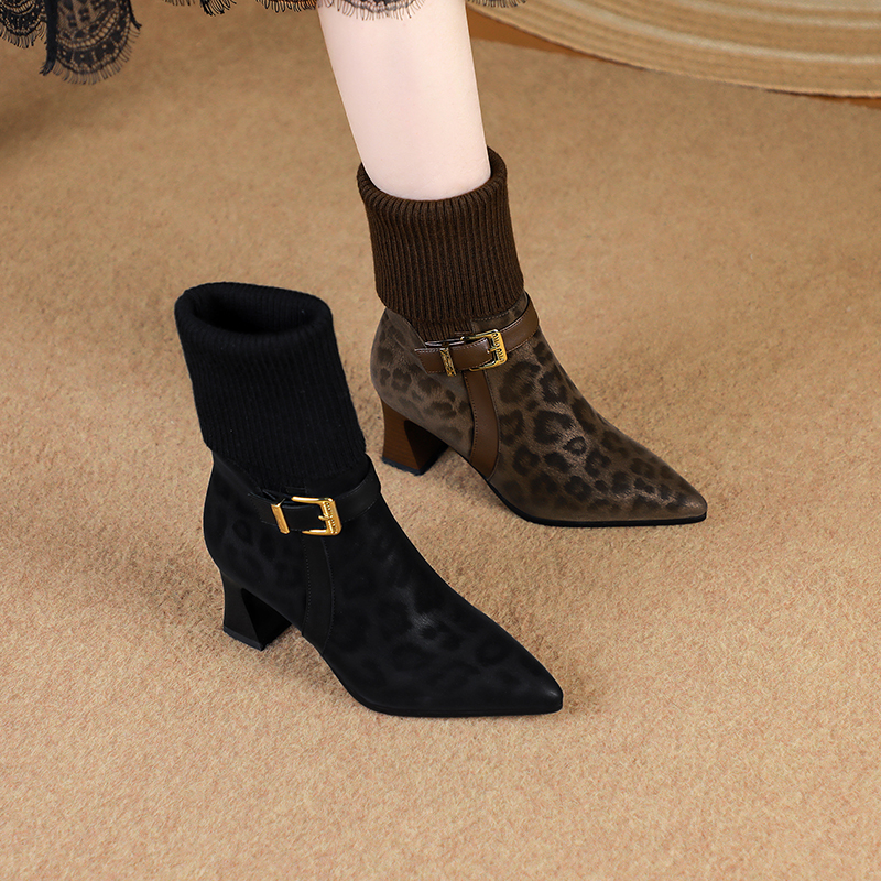 测SLM/时装女靴/牛皮/34-42/1040豹纹短靴高跟金属搭扣保暖女靴