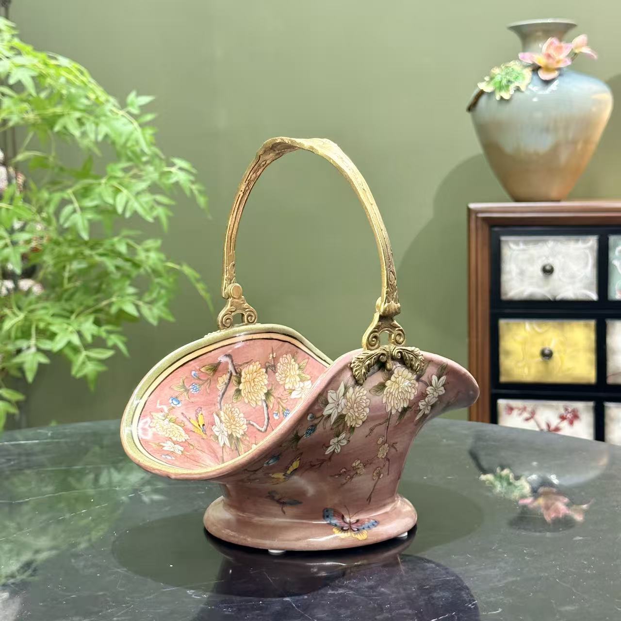 【摩登良品】美式复古胭脂红铜配瓷提篮茶几餐桌酒柜装饰摆件收纳