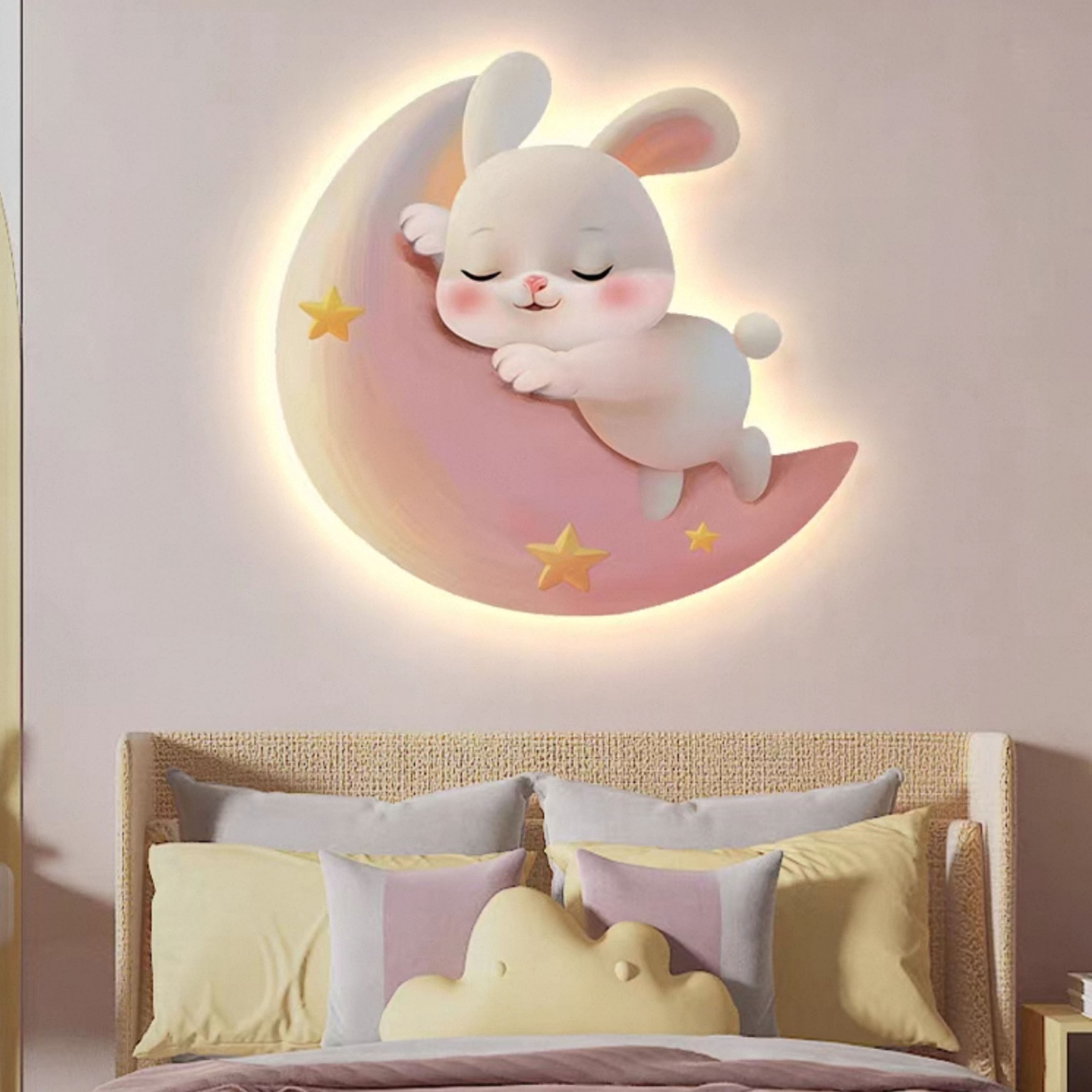 DE-016玉兔儿童房装饰画创意发光灯画卡通萌宠女孩房间卧室挂画