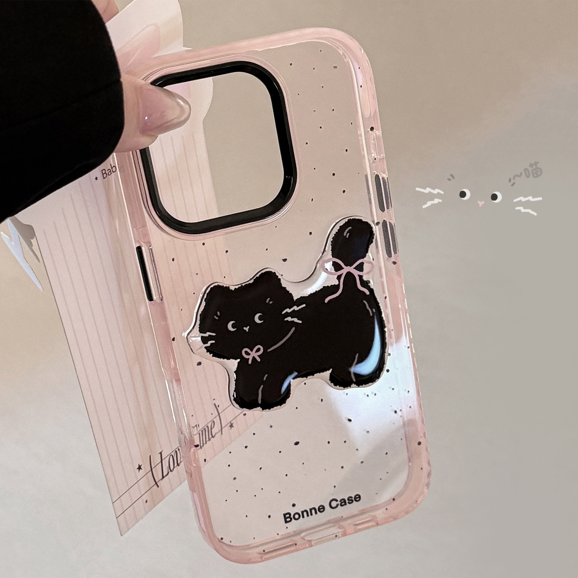 黑粉猫咪卡通适用iPhone15苹果16promax手机壳立体13防摔11甜酷14