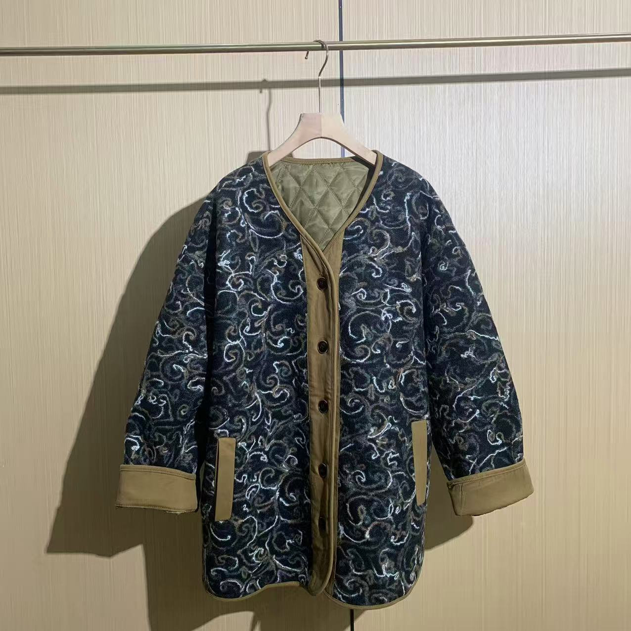欧洲站大码棉衣大码外套女冬季2025拼色印花单排扣女装休闲上衣