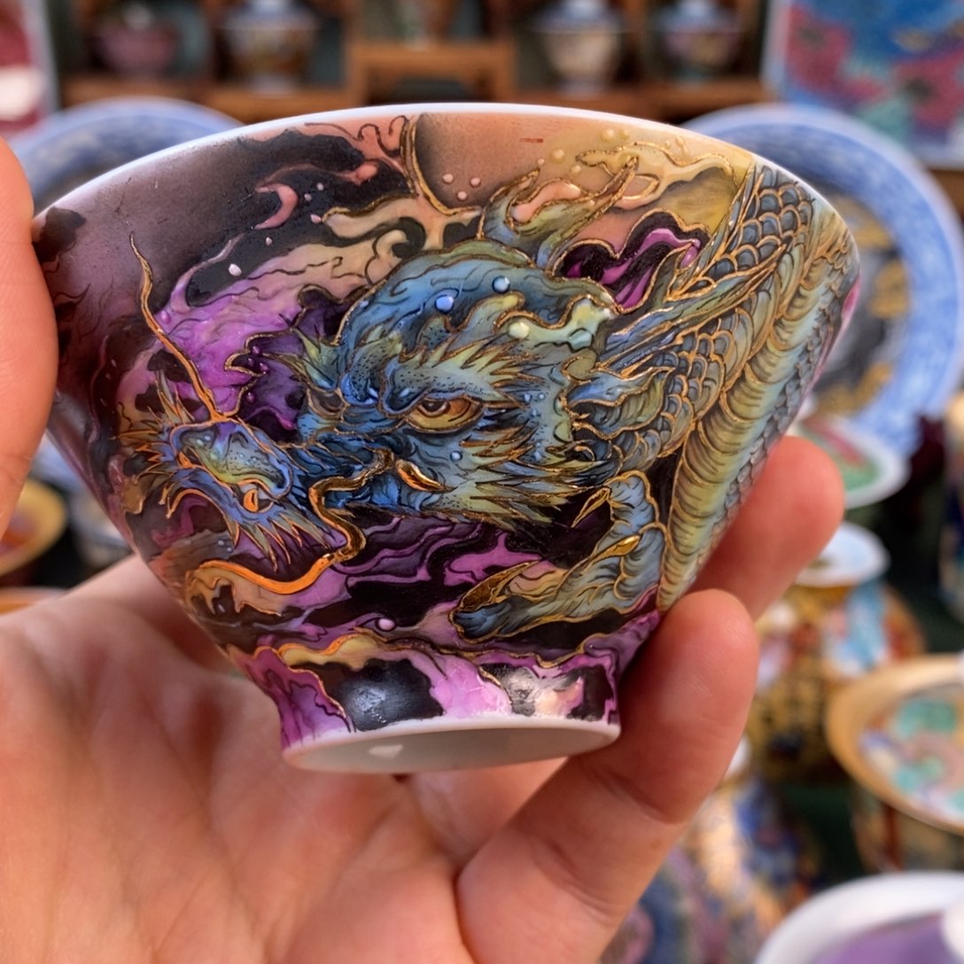 卡****乐手工手绘龙斗笠杯