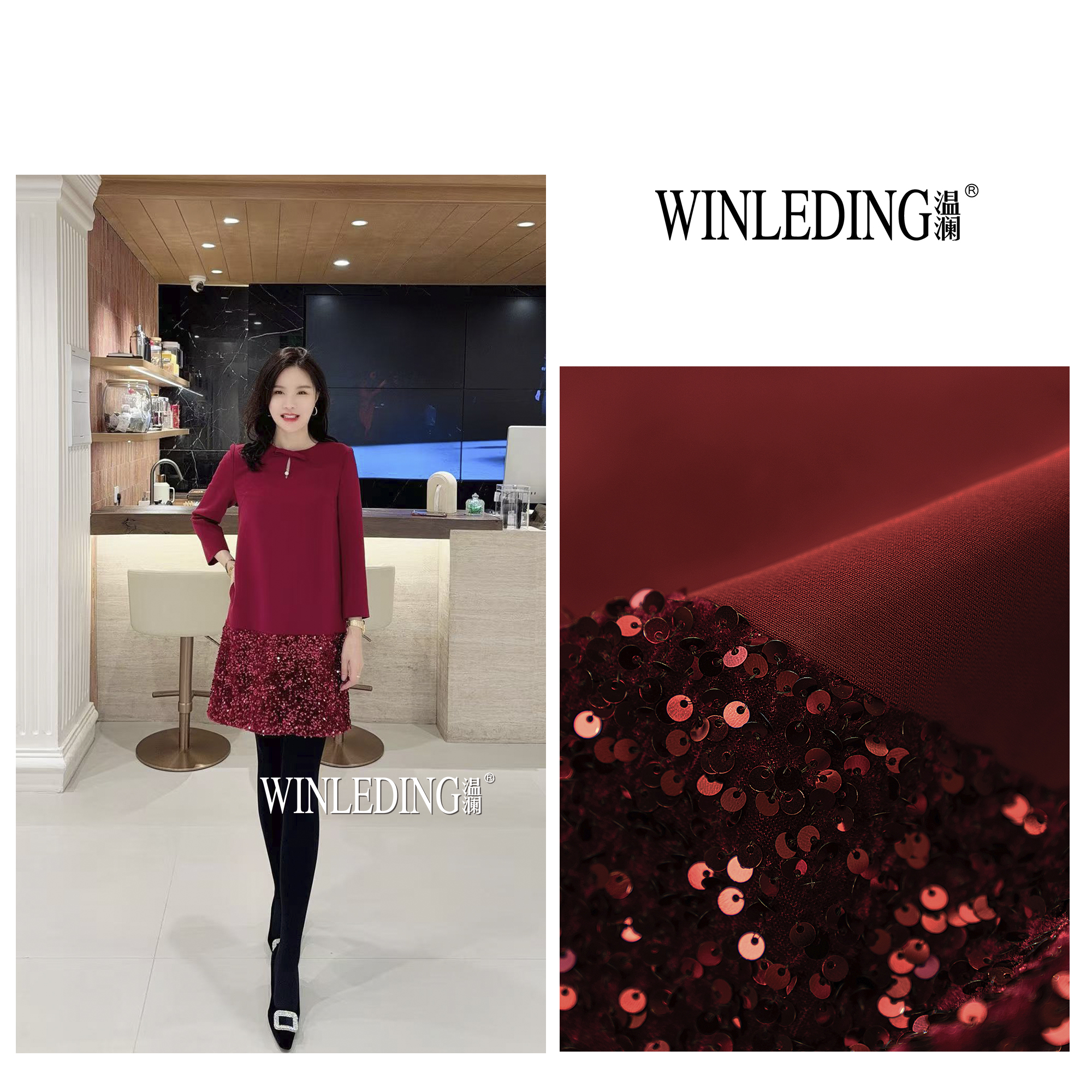 温澜服饰·澜 “冬禧”蝴蝶结亮片连衣裙女冬款高级感显瘦长裙50611