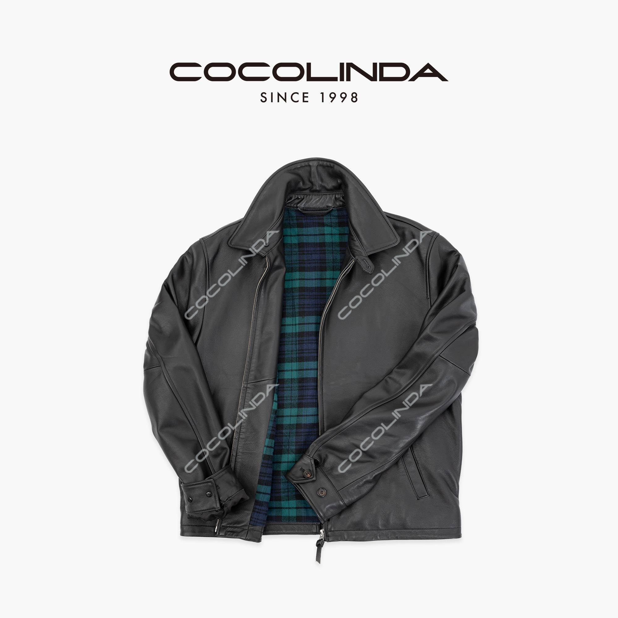 COCOLINDA |【100%绵羊皮】男女CP内里格子加厚复古机车皮衣F5446