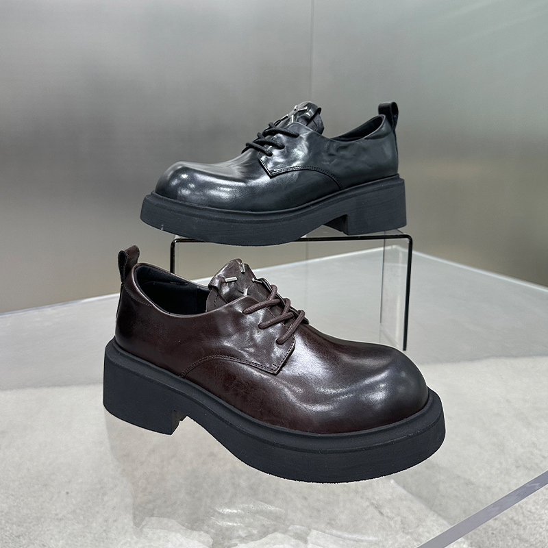 【左右华菲】5cm英伦风休闲厚底乐福鞋2025春季新款复古手抓胎牛皮