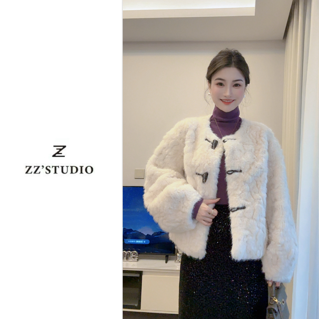 郑郑定制#秋冬新款韩版复古宽松小香风洋气拼接毛毛外套女052