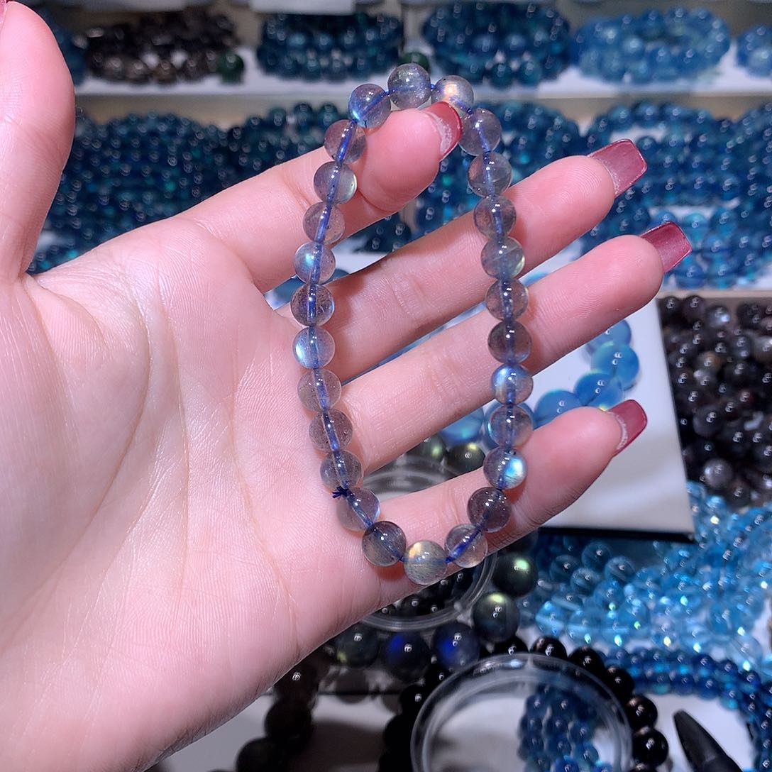 水晶手链未镶嵌桃**文黑体灰月光石7mm