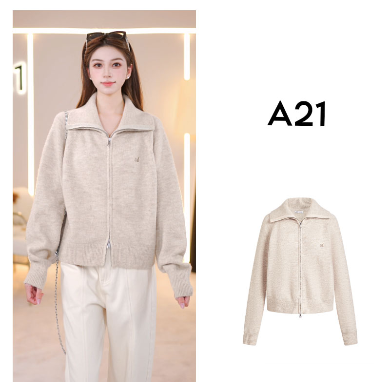 A21女装厚款毛针织衫2024冬季新款开衫立领毛衣外套F444244003