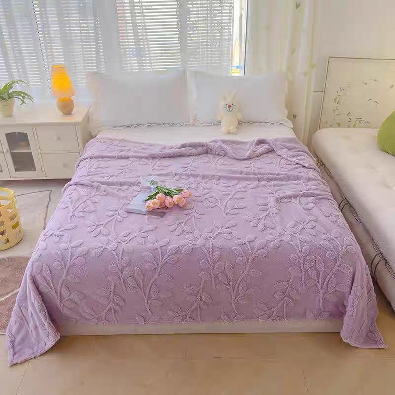 【冬季新款】香芋紫树叶3D雕花双面200x230加厚毛毯速热盖被多功能