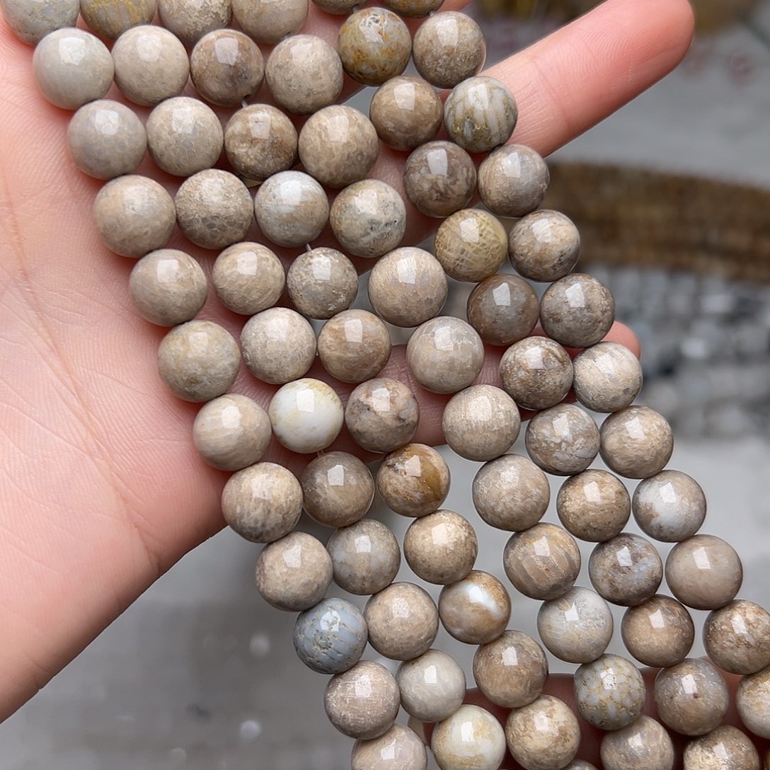 玛瑙/玉髓合金珠宝半成品Y06。9.6mm天然菊花石圆珠一条