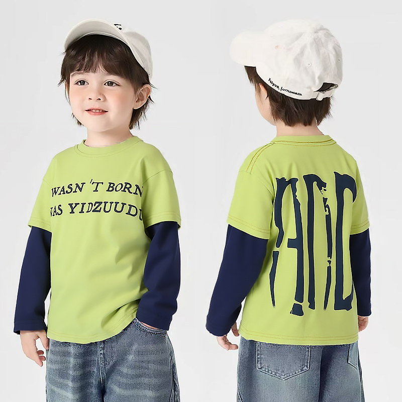 男童假两件纯棉上衣春秋新款儿童运动长袖T恤男孩休闲内搭打底衫