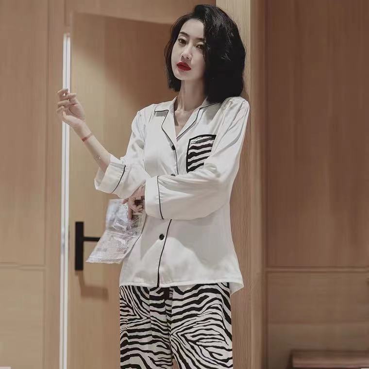 日系ins风斑马纹薄款长袖睡衣女春夏秋可外穿家居服