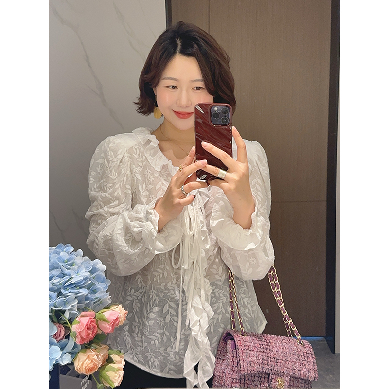  【DIS 定制】【花语清梦】韩版气质荷叶边碎花喇叭袖衬衫Z525X21819