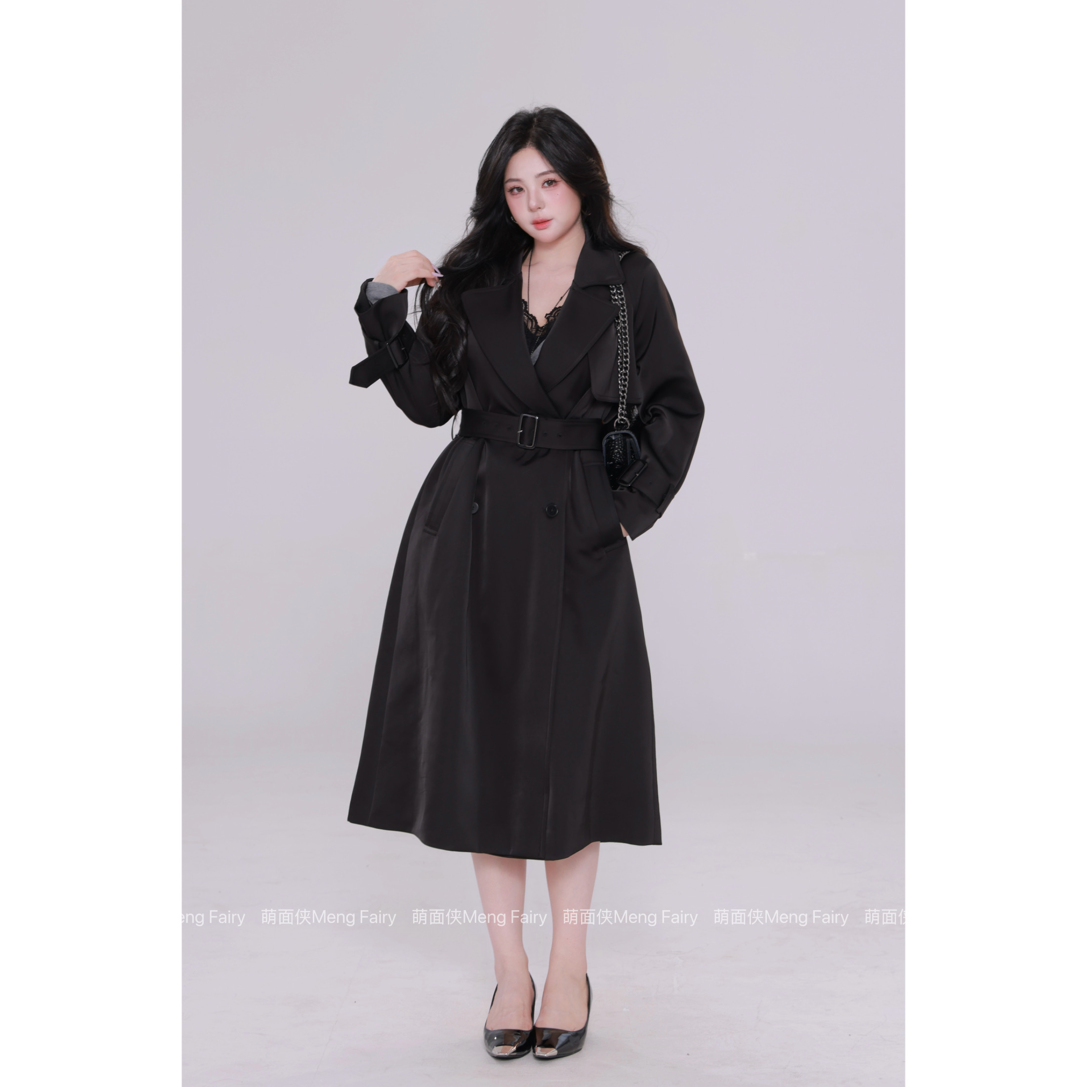 清清萌面侠【人生风衣】缎感纯色宽松型长款收腰风衣外套5901M