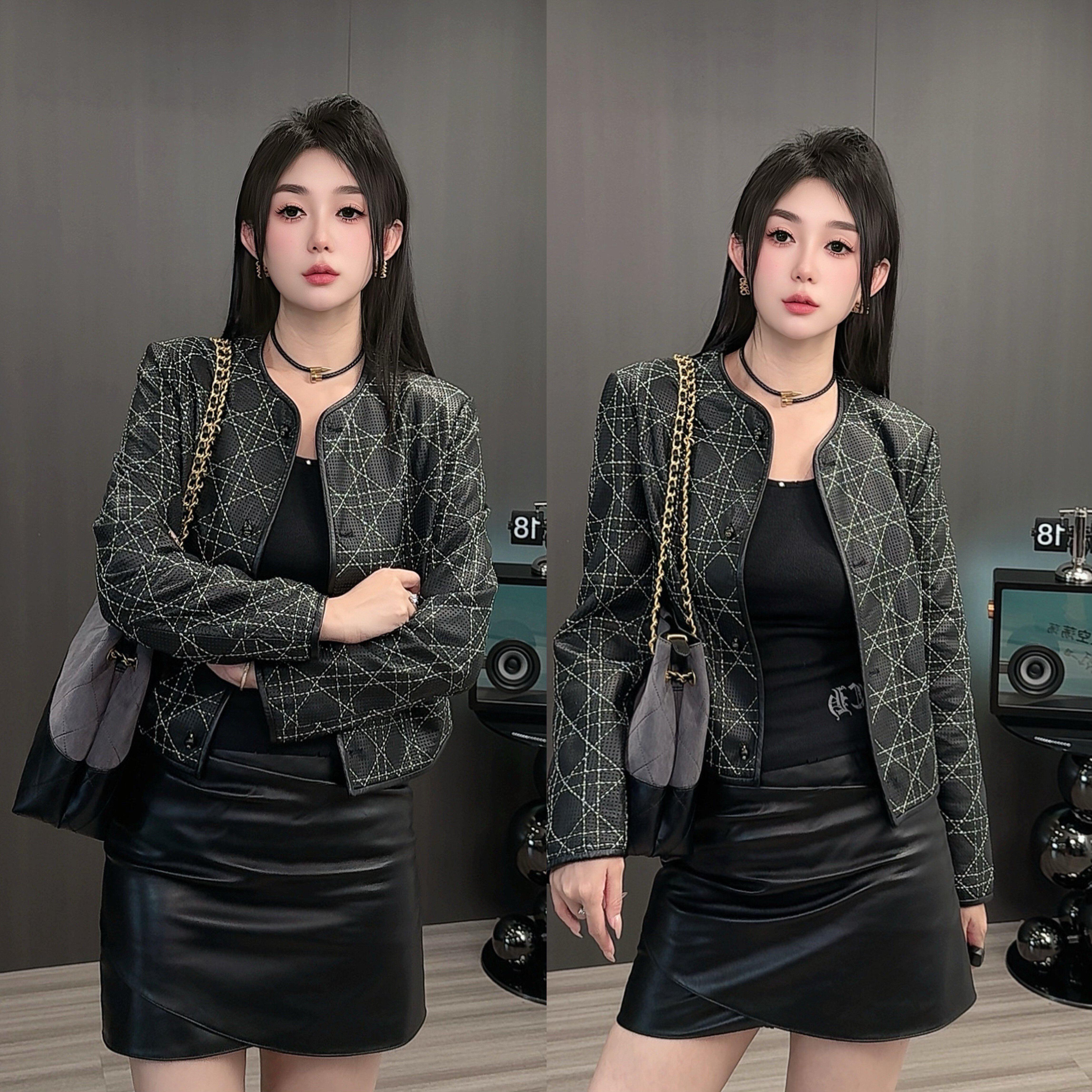 2025秋新款真皮皮衣女短款绵羊皮夹克重工打孔银线外套时尚皮夹克