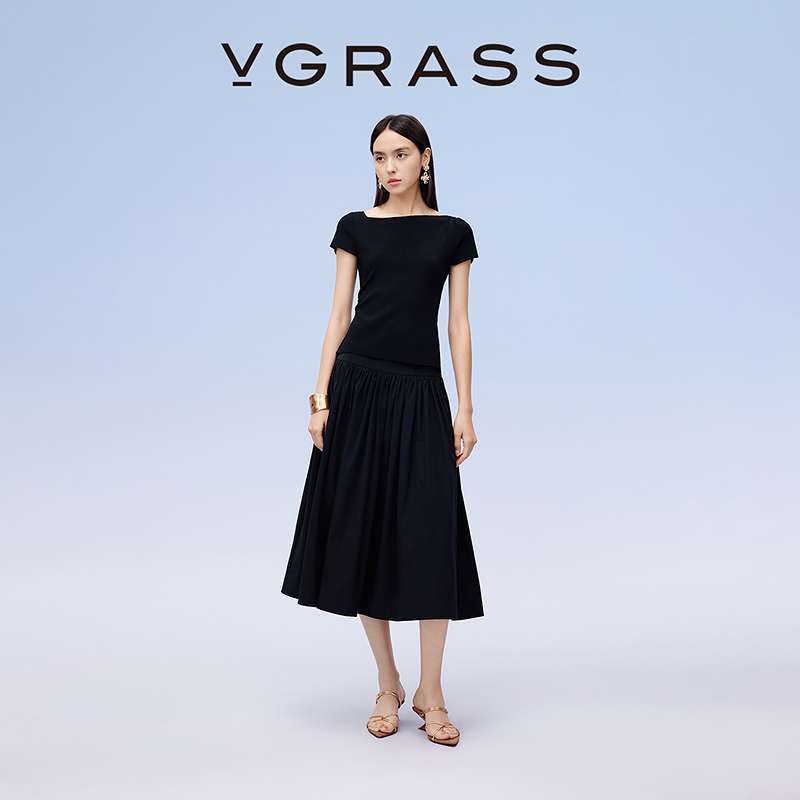 【度假系列】VGRASS25早秋新款混纺半身裙易打理A字伞裙